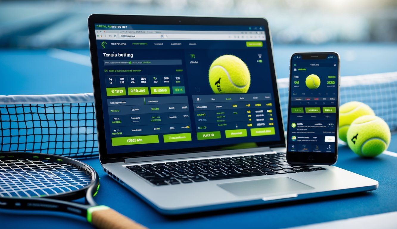 Meja kerja modern dengan laptop dan ponsel yang menampilkan informasi taruhan tenis online, dilengkapi dengan raket tenis dan bola tenis di latar belakang.