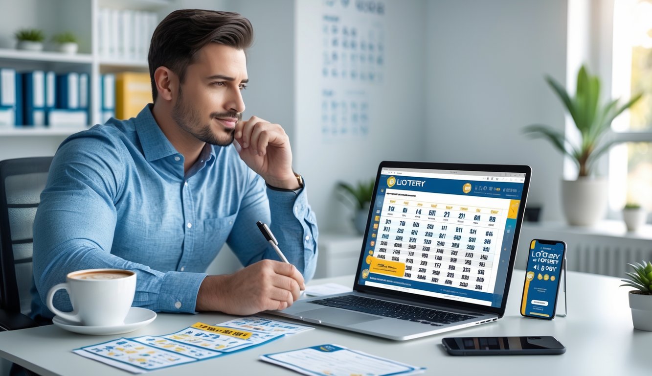 Seorang pria duduk di meja kerja dengan laptop dan catatan, menganalisis angka togel di ruang kerja yang terang dan rapi.