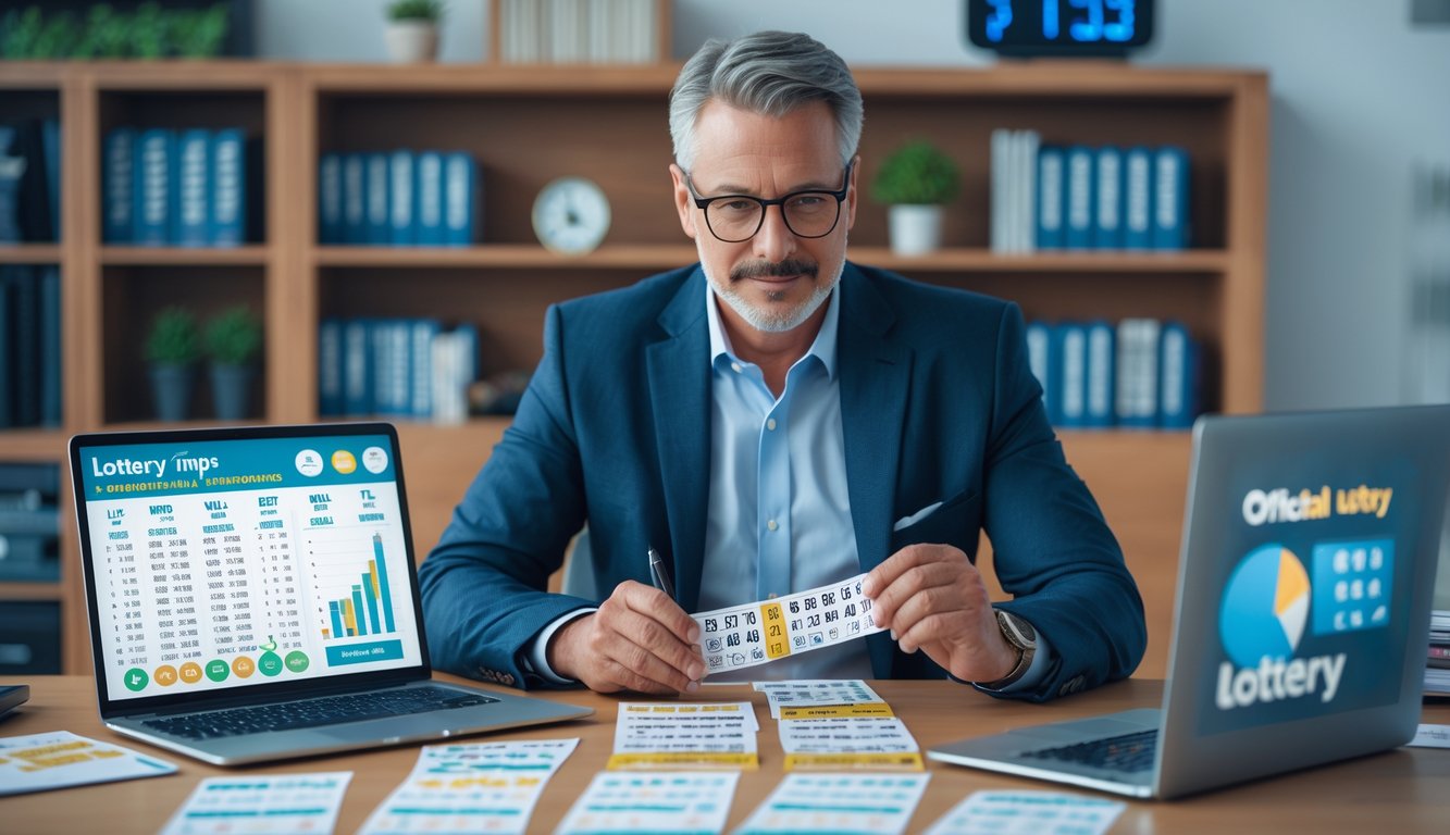Seorang pria duduk di meja kantor dengan tiket lotre dan grafik di depannya, tampak serius menganalisis data.