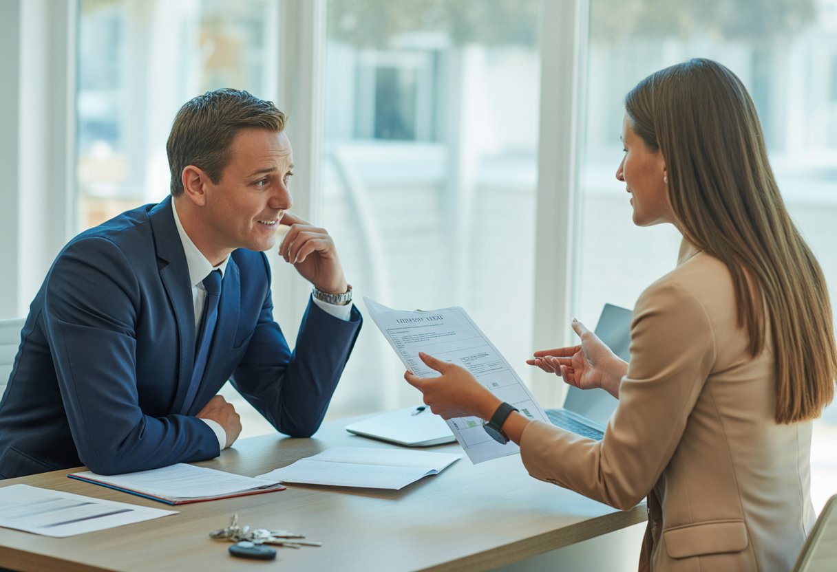 A landlord and a letting agent discussing documents across a desk in a bright office.