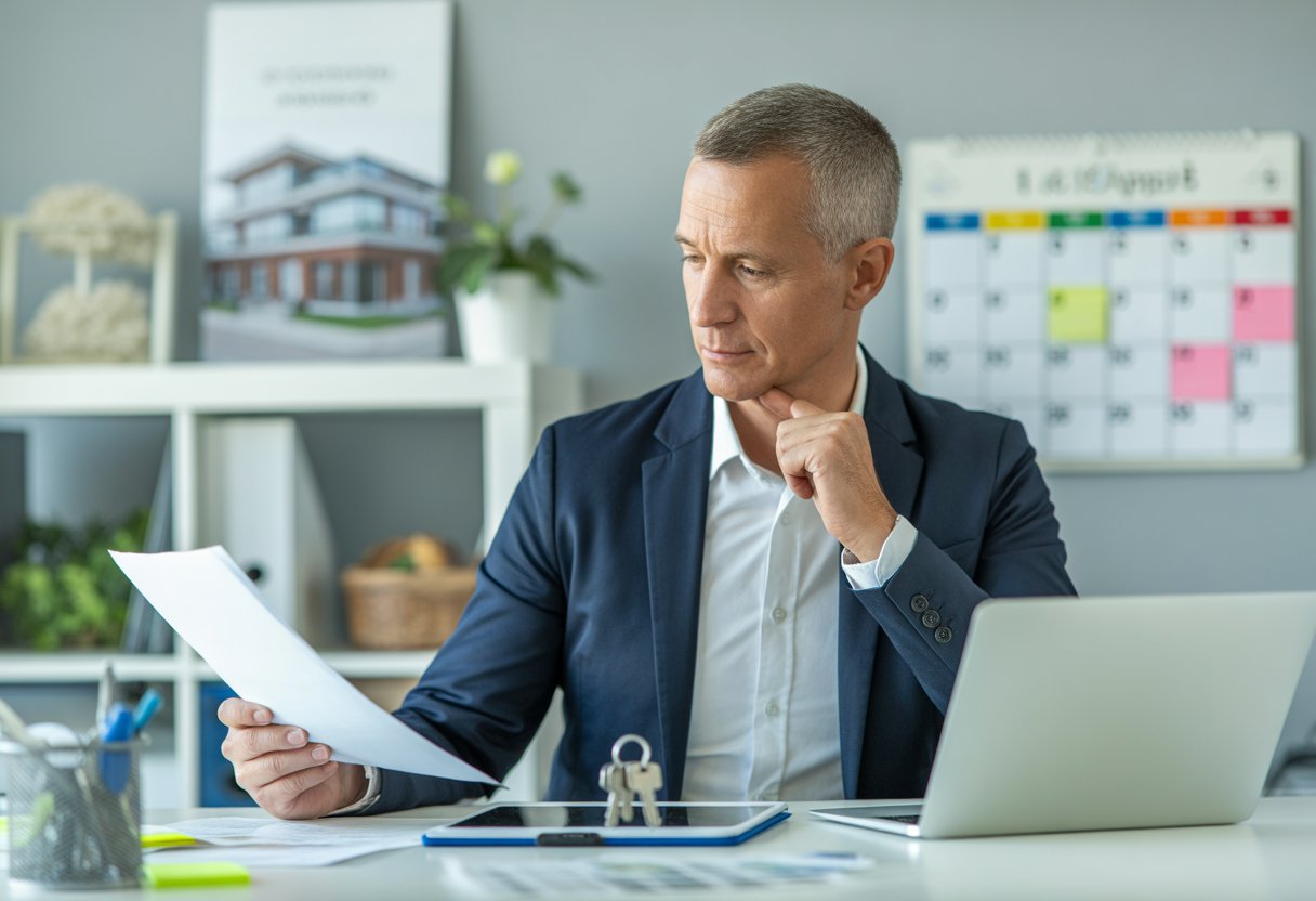 A landlord reviewing paperwork and using a tablet in a tidy office with property management items on the desk.