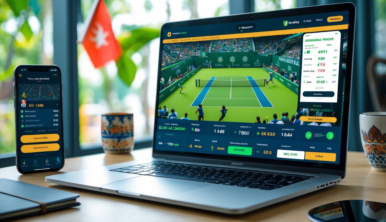 Seorang pria menggunakan laptop dan ponsel untuk memasang taruhan tenis online dengan pertandingan tenis sedang berlangsung di layar.