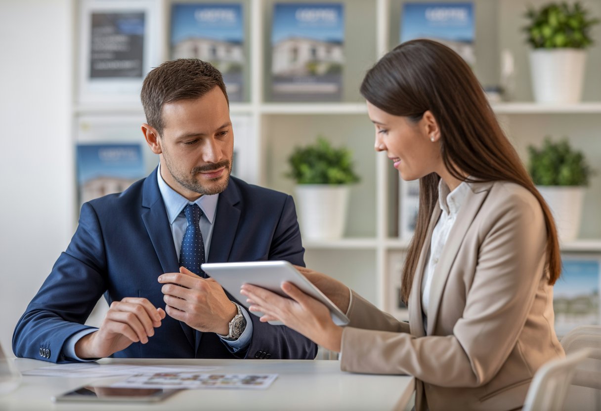 A landlord discussing property documents with a letting agent in a bright office.