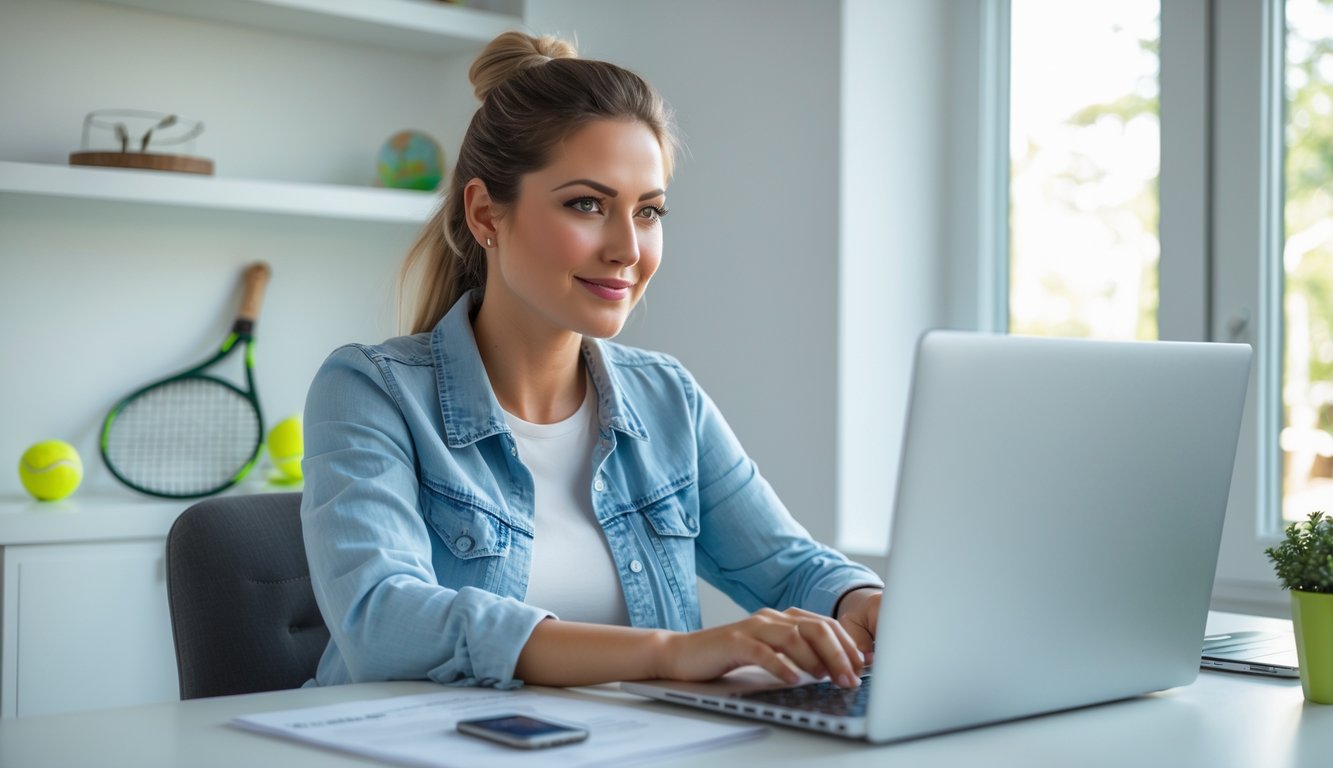 Seorang wanita muda duduk di meja dengan laptop, terlihat fokus dan percaya diri dalam aktivitas taruhan tenis online di ruang kerja yang rapi dan terang.