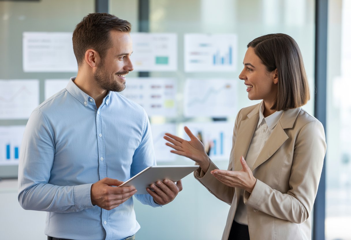 A landlord and a letting agent having a clear and friendly discussion in a bright office, with documents and charts visible in the background.