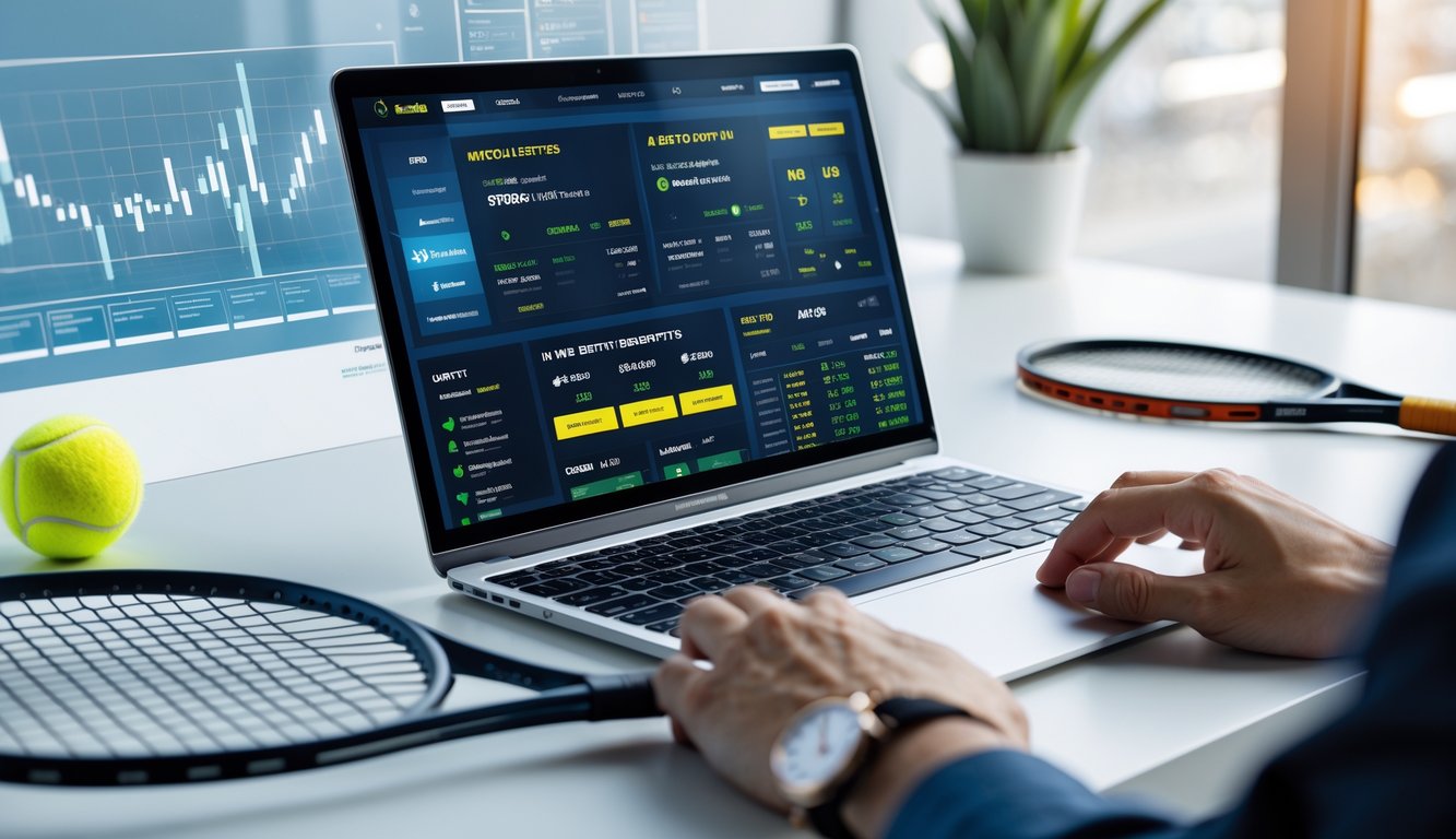 Seorang pengguna sedang menggunakan laptop di meja dengan bola tenis dan raket di sampingnya, menampilkan konsep taruhan tenis online.