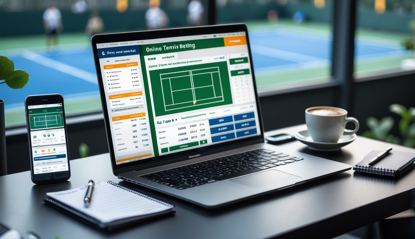 Seorang pria duduk di meja kerja dengan laptop yang menampilkan statistik tenis dan prediksi pertandingan, di latar belakang terlihat lapangan tenis melalui jendela besar.