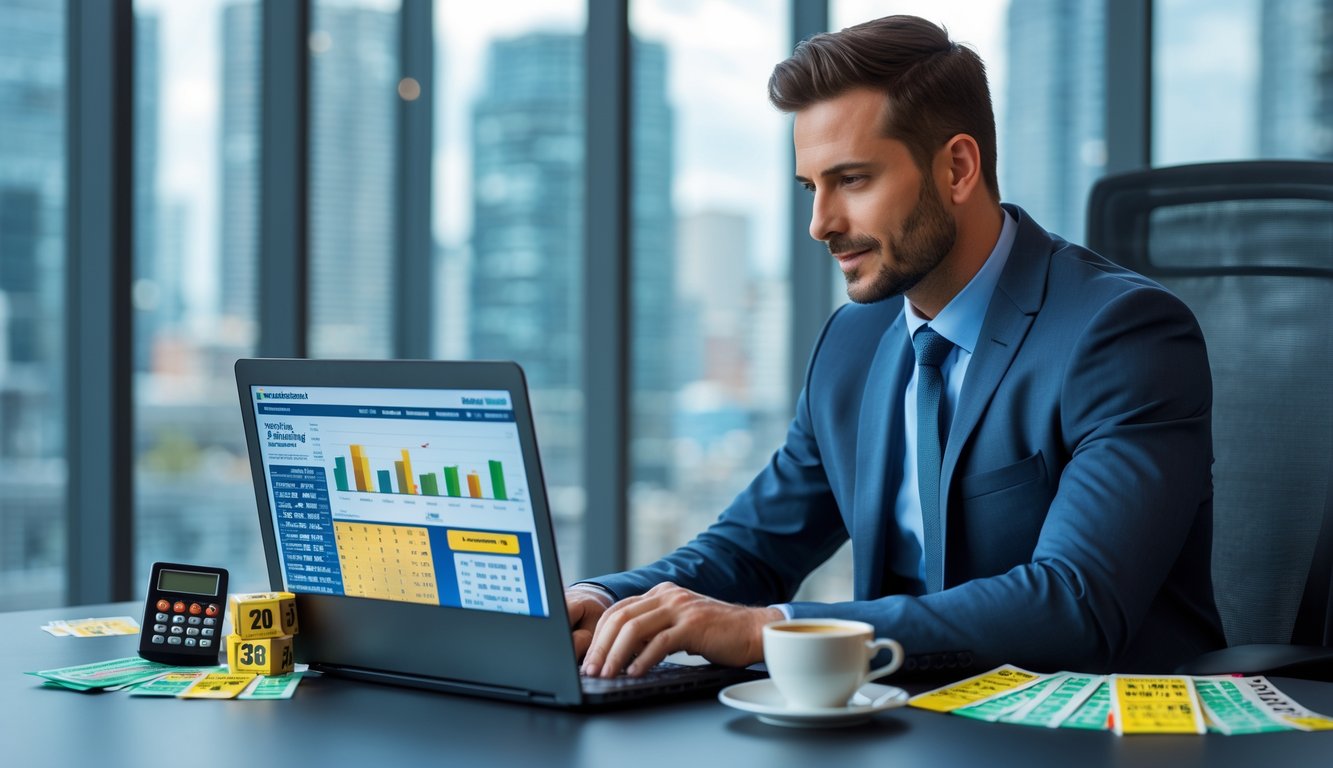 Seorang pria duduk di meja kerja modern dengan laptop, dikelilingi tiket lotre dan alat hitung, terlihat fokus dan percaya diri.