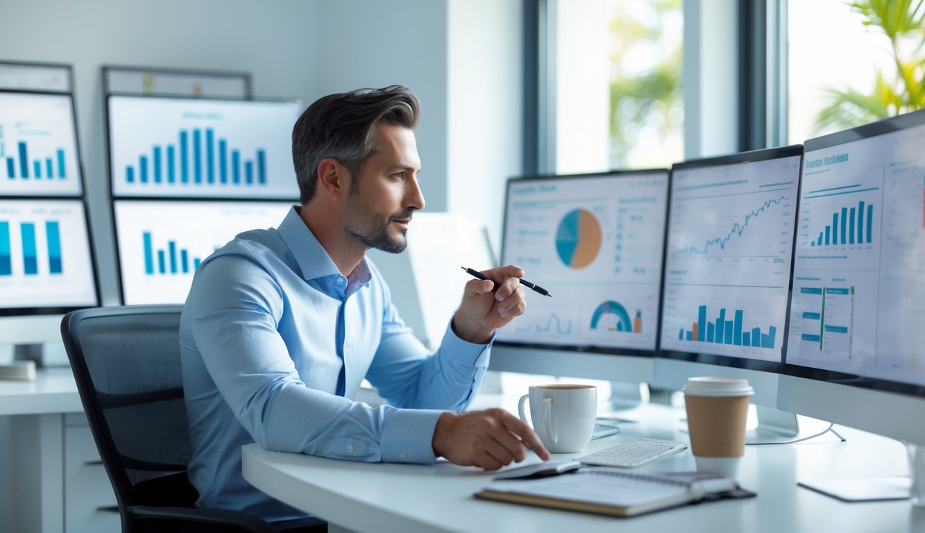 Seorang pria duduk di meja kantor modern sambil menganalisis grafik dan angka di beberapa layar komputer dengan fokus dan serius.