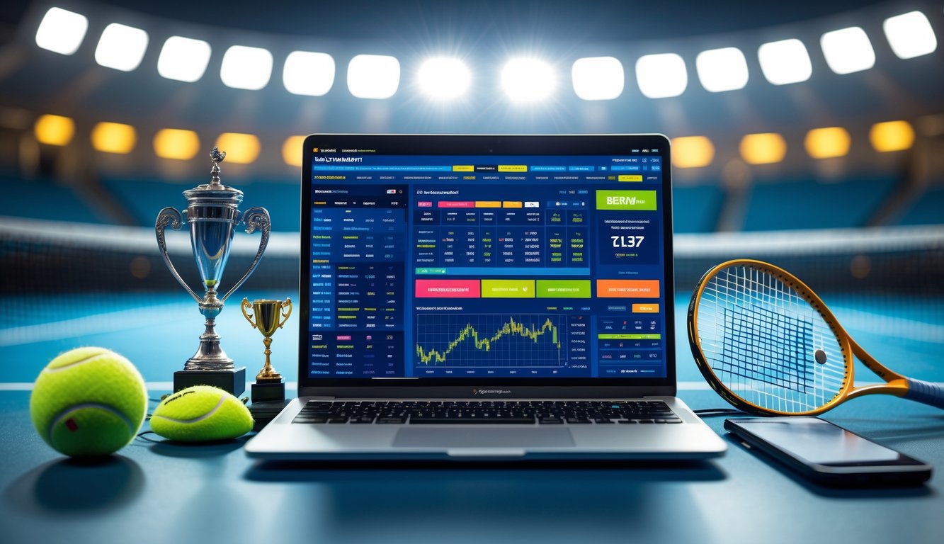 Seorang pria menggunakan laptop dengan layar menampilkan situs taruhan tenis online, di meja terdapat bola tenis dan raket, latar belakang lapangan tenis terlihat samar.