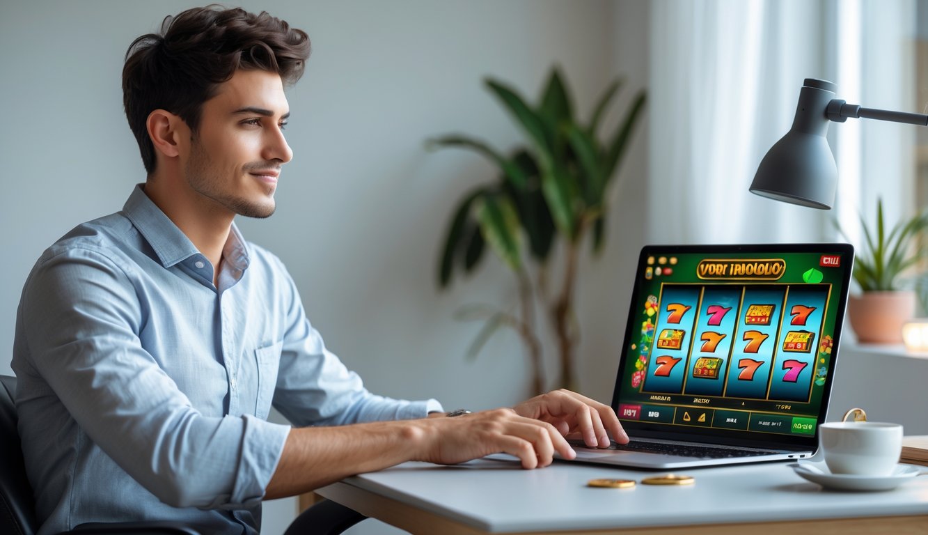 Seorang pria muda duduk di meja dengan laptop, bermain permainan slot online di ruangan yang nyaman.