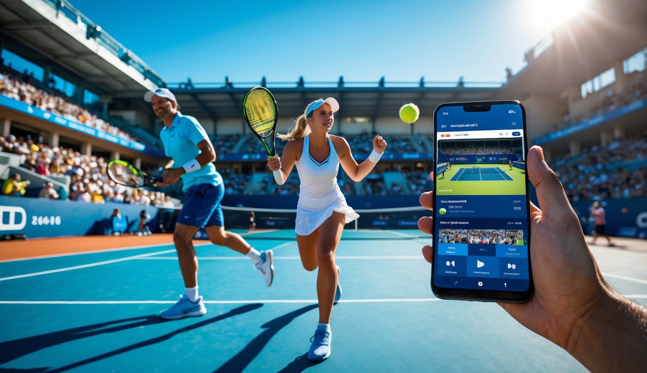 Pertandingan tenis sedang berlangsung di lapangan luar ruangan dengan seorang penonton memegang ponsel yang menampilkan siaran langsung pertandingan tenis.
