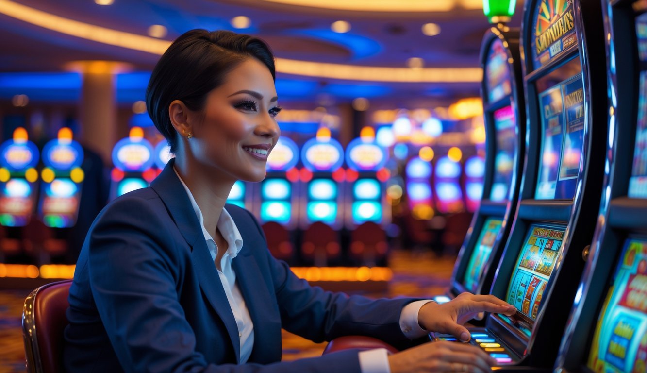 Seseorang duduk di mesin slot di kasino dengan ekspresi percaya diri dan fokus, dikelilingi oleh mesin slot berwarna-warni dan lampu yang menyala.