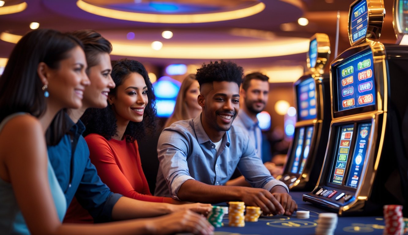 Sekelompok orang bermain mesin slot di kasino dengan suasana yang cerah dan nyaman.