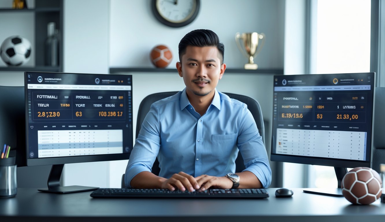 Seorang pria Indonesia duduk di depan beberapa layar komputer yang menampilkan statistik dan skor pertandingan sepak bola, di sebuah kantor modern dengan dekorasi bertema sepak bola.
