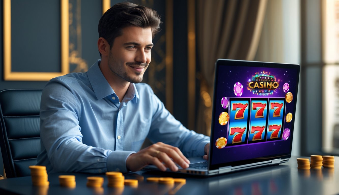 Seorang pria muda duduk di meja dengan laptop yang menampilkan permainan slot, terlihat fokus dan puas.