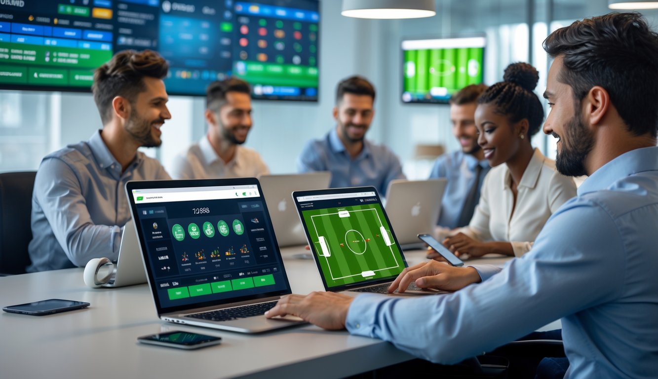 Orang-orang menggunakan perangkat digital untuk taruhan sepak bola dalam suasana kantor yang aman dan profesional.