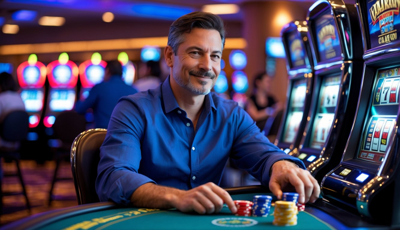 Seorang pria dewasa duduk di meja permainan kasino modern sambil bermain mesin slot dengan suasana kasino yang ramai di latar belakang.