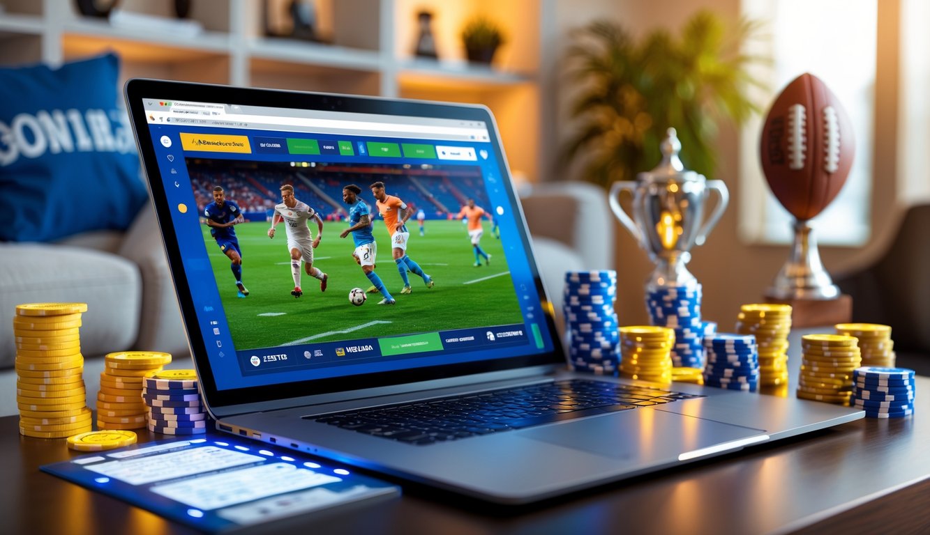 Seorang pria menggunakan laptop yang menampilkan pertandingan sepak bola, dengan tumpukan chip taruhan dan koin di meja di ruang tamu yang terang dan rapi.