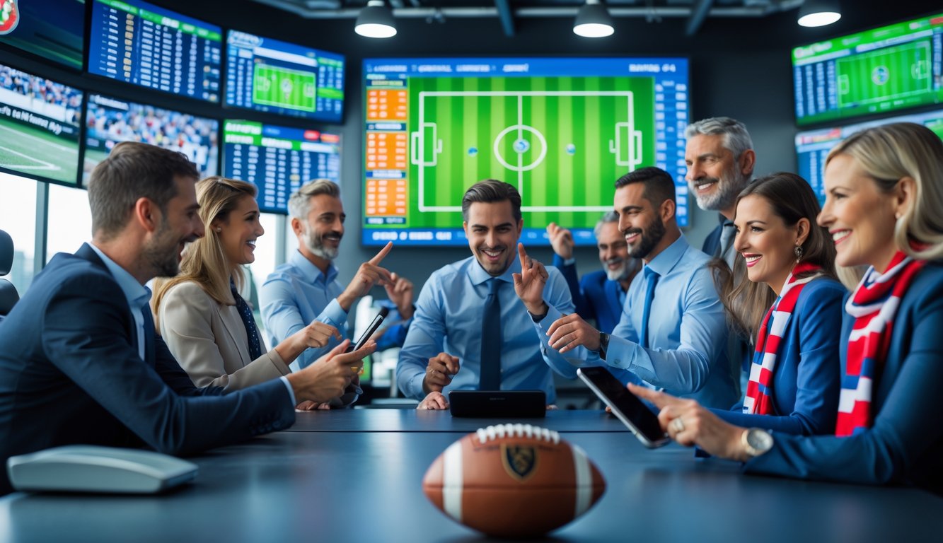 Orang-orang sedang memasang taruhan sepak bola secara langsung di ruangan dengan layar besar yang menampilkan pertandingan sepak bola dan statistik waktu nyata.