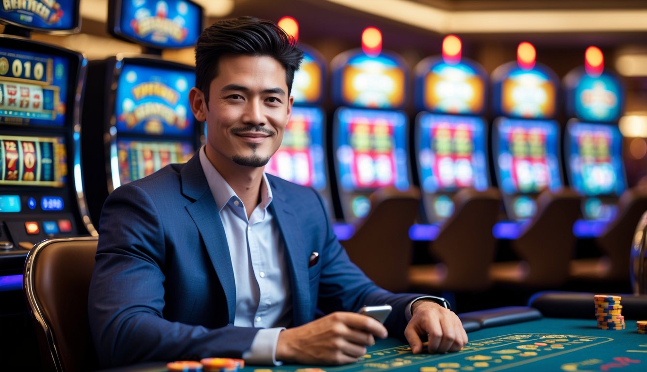 Seorang pria muda duduk di meja permainan kasino dengan mesin slot di latar belakang, tampak percaya diri dan fokus.