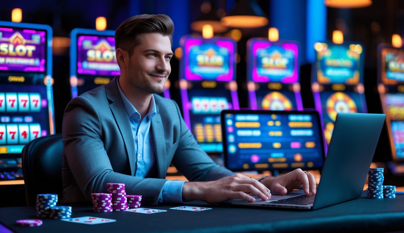 Seorang pria duduk di depan layar mesin slot dengan ekspresi percaya diri dan fokus, di meja terdapat laptop dan ponsel yang menampilkan grafik kemenangan.