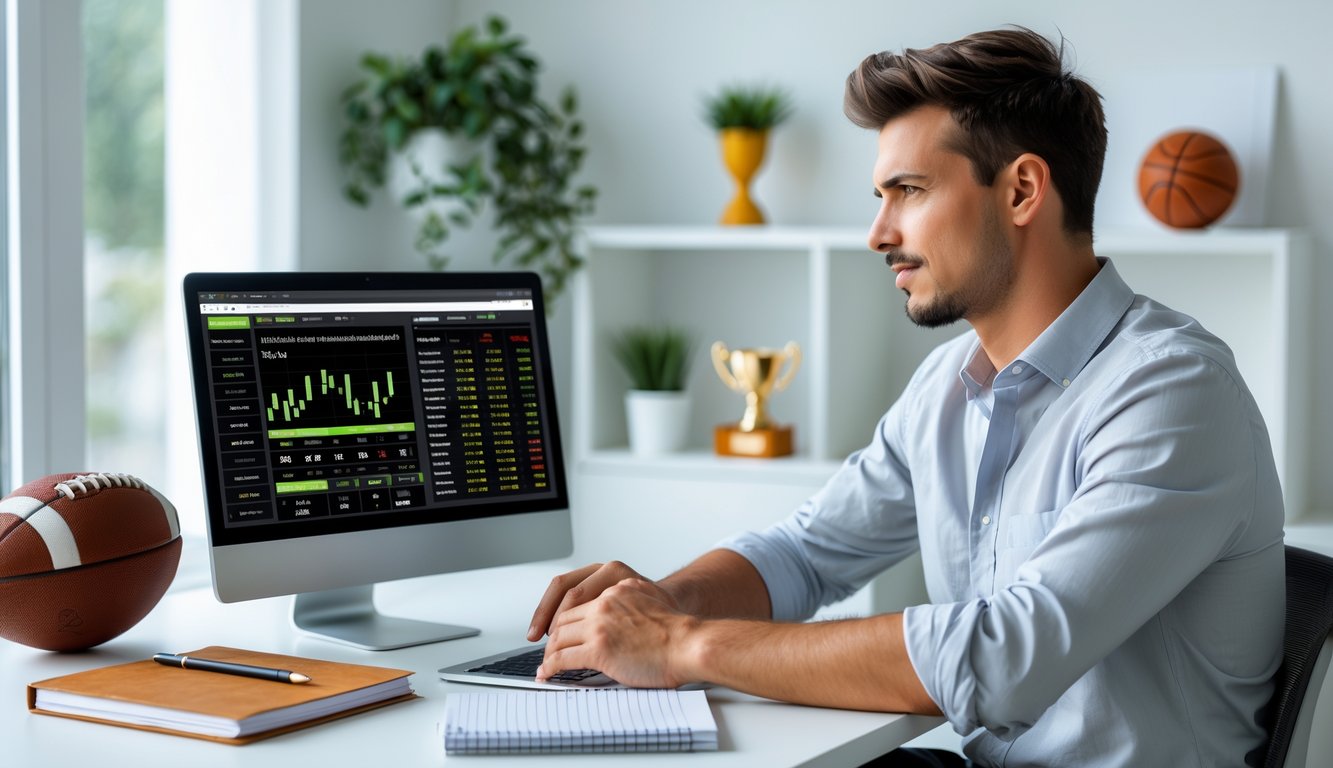 Seorang pria muda duduk di meja dengan laptop, fokus melihat statistik taruhan olahraga di ruangan kantor rumah yang rapi.