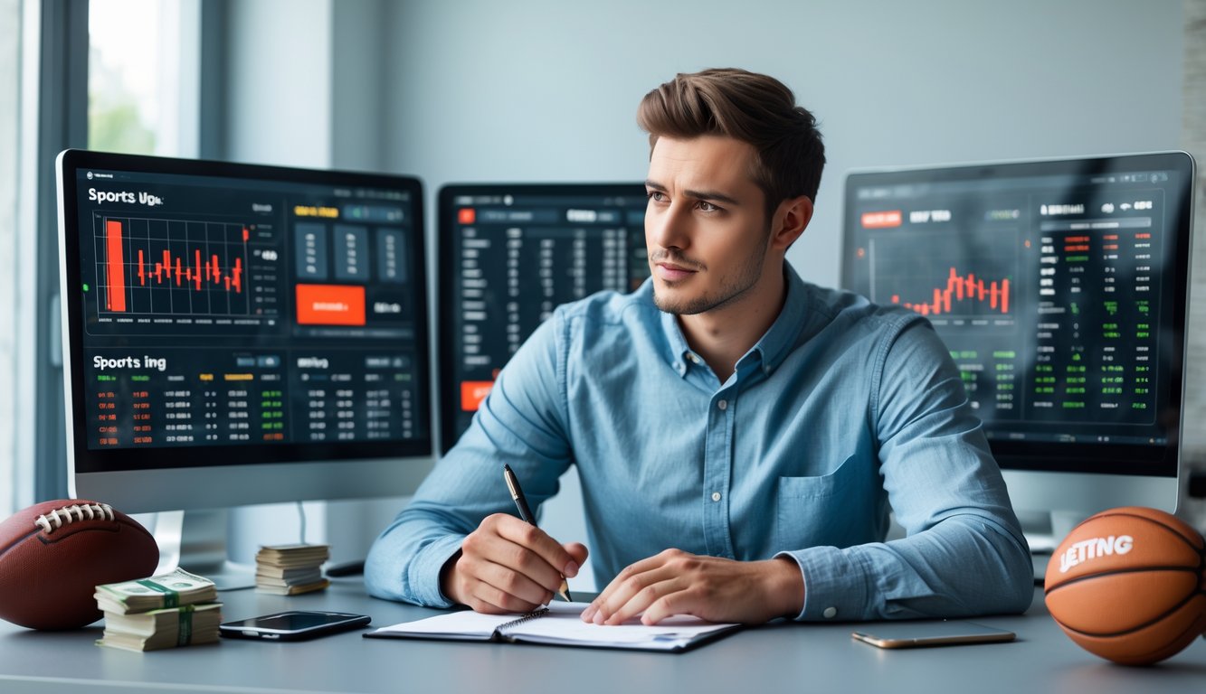 Seorang pria muda duduk di meja dengan beberapa layar komputer menampilkan data olahraga, sedang mencatat dan fokus merencanakan strategi taruhan.