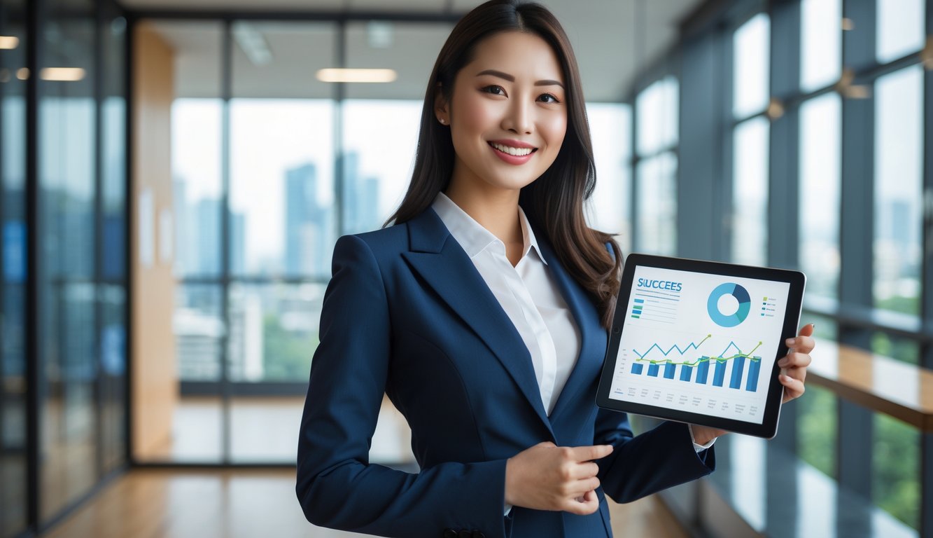 Seorang wanita bisnis Asia yang percaya diri berdiri di kantor modern dengan tablet yang menampilkan grafik keberhasilan.