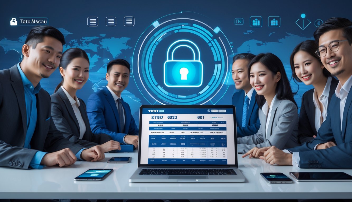 Orang-orang sedang menggunakan perangkat digital untuk bermain judi online dengan suasana yang aman dan profesional.