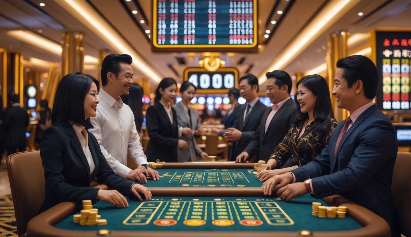 Suasana kasino modern di Macau dengan orang-orang berdiri di sekitar meja permainan, terlihat antusias dan percaya diri.