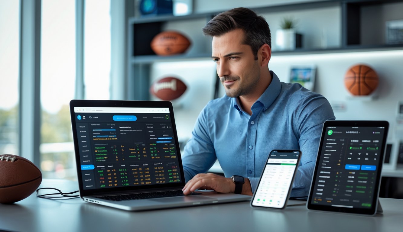 Seorang pria duduk di meja dengan beberapa perangkat digital yang menampilkan data taruhan olahraga, tampak fokus menganalisis informasi.