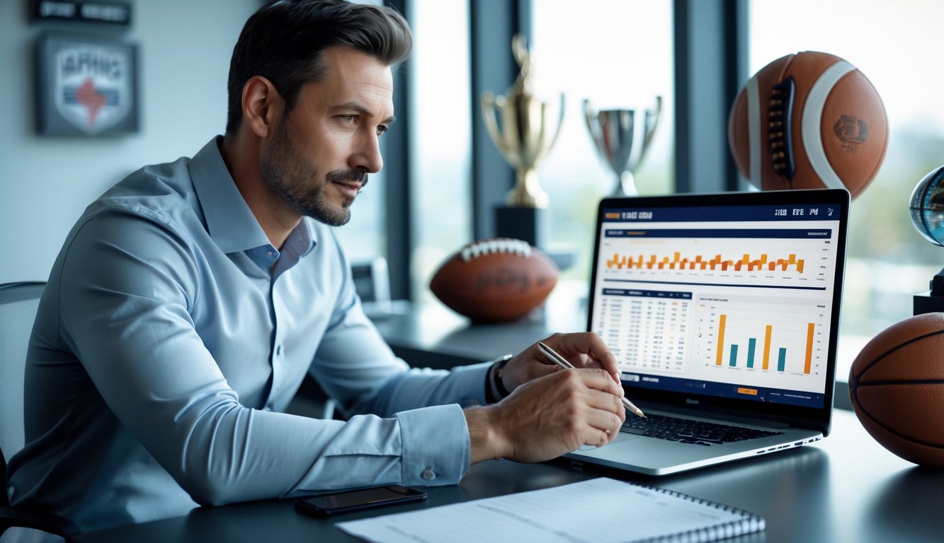 Seorang pria duduk di meja dengan perangkat digital menampilkan statistik taruhan olahraga, dikelilingi oleh perlengkapan olahraga di ruang kantor.