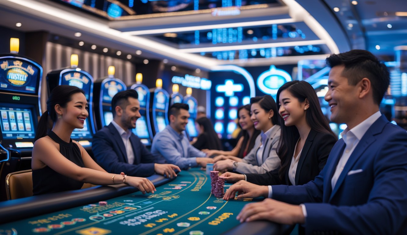 Orang-orang bermain di kasino modern dengan mesin permainan elektronik dan suasana yang cerah dan dinamis.