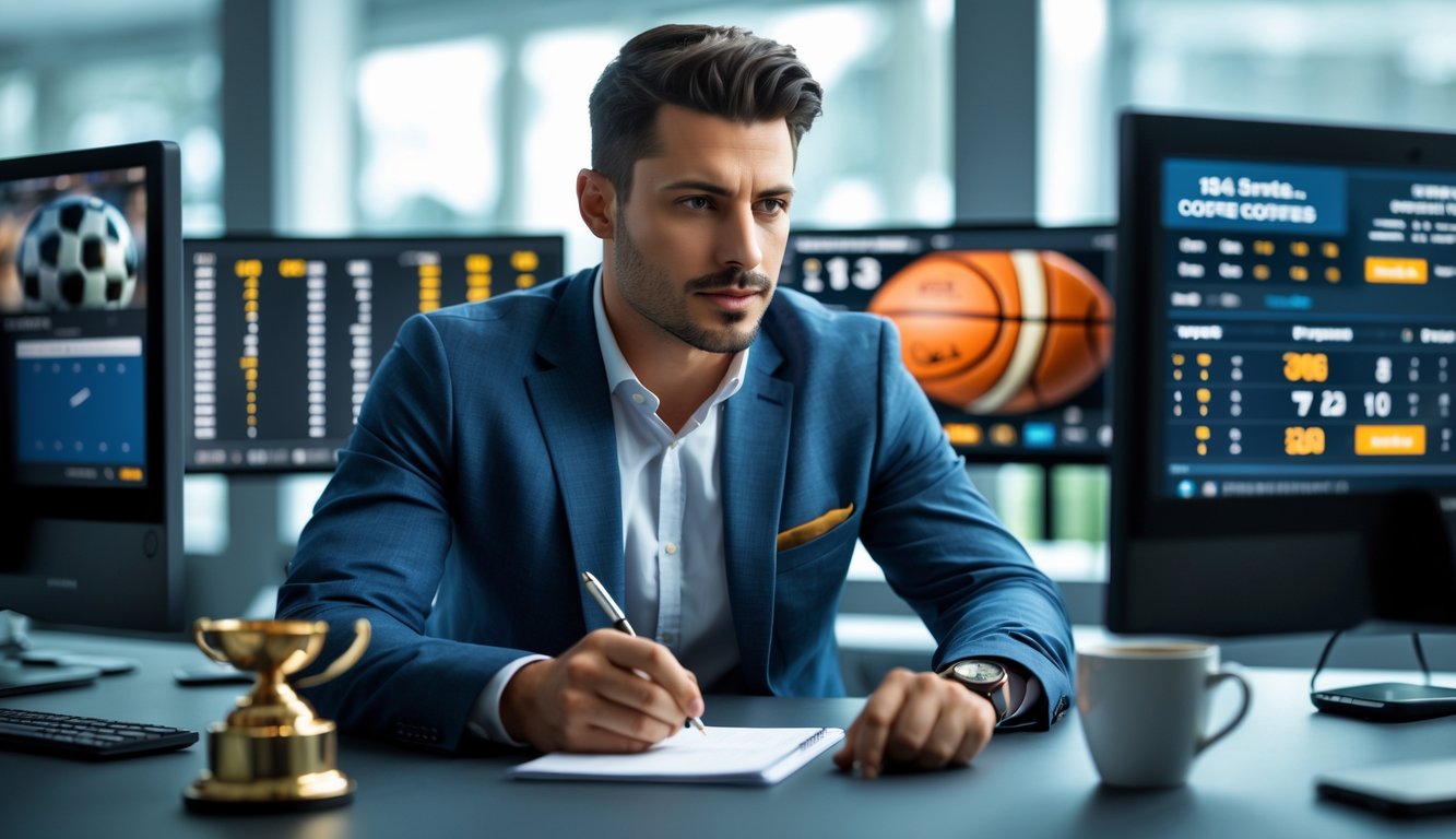 Seorang pria duduk di meja dengan beberapa monitor komputer yang menampilkan data taruhan olahraga, terlihat fokus menganalisis informasi.