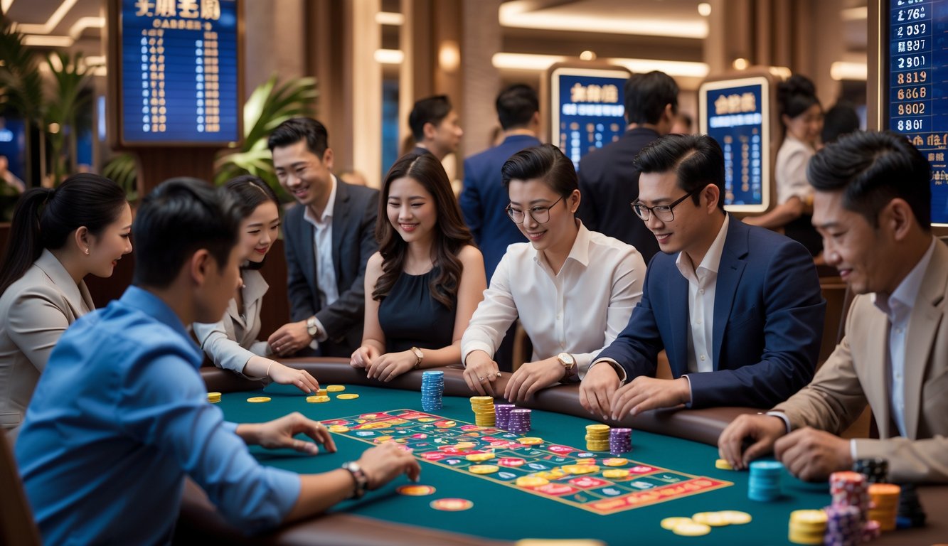 Beberapa orang bermain di meja judi Toto Macau dengan suasana kasino yang modern dan elegan.