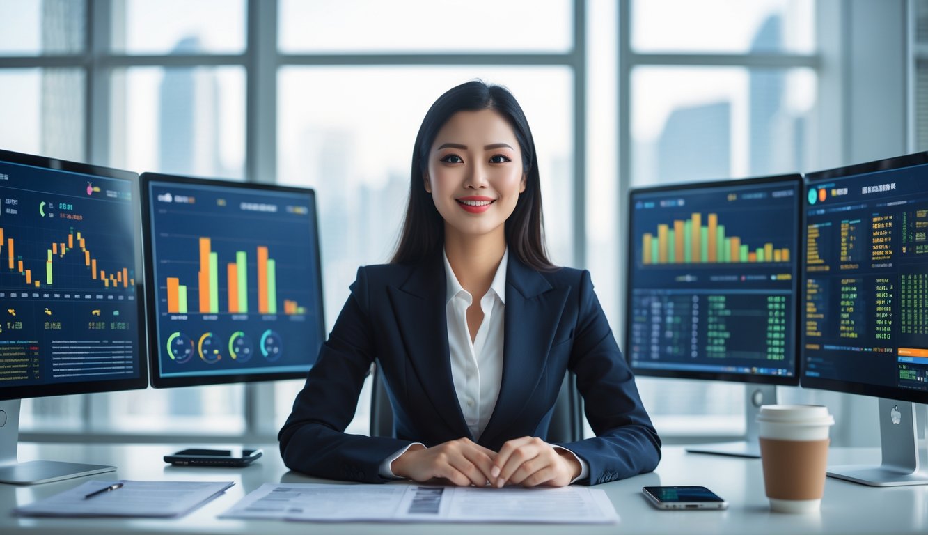 Seorang wanita bisnis Asia duduk di meja kantor modern dengan beberapa layar komputer yang menampilkan grafik dan data, di latar belakang terlihat pemandangan kota Macau.