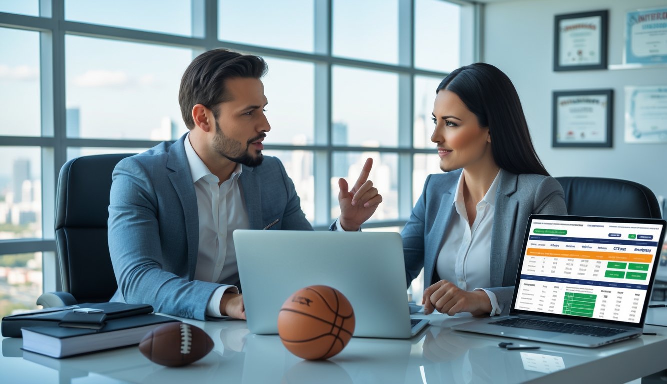 Seorang pria dan wanita duduk di meja kantor modern sambil melihat layar laptop dengan statistik dan peluang taruhan olahraga.