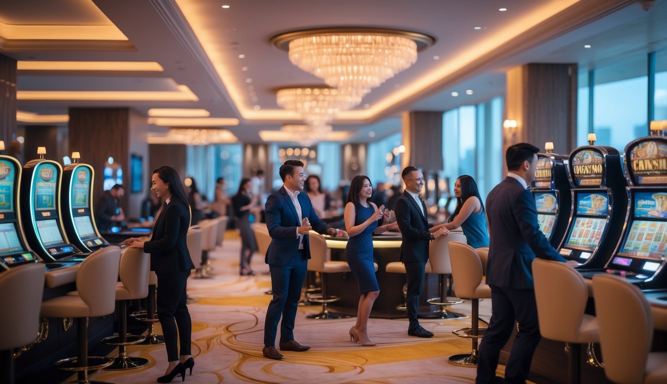 Suasana kasino modern dengan mesin slot dan meja permainan, orang-orang bermain dengan antusias di lingkungan yang mewah dan terang.