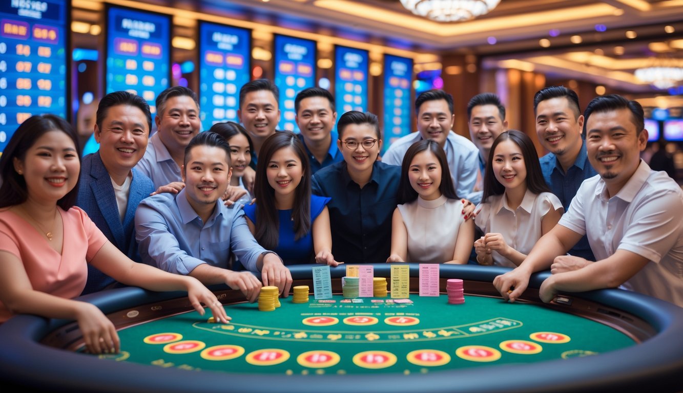 Sekelompok orang bermain di meja judi di kasino dengan latar belakang pemandangan kota Macau.