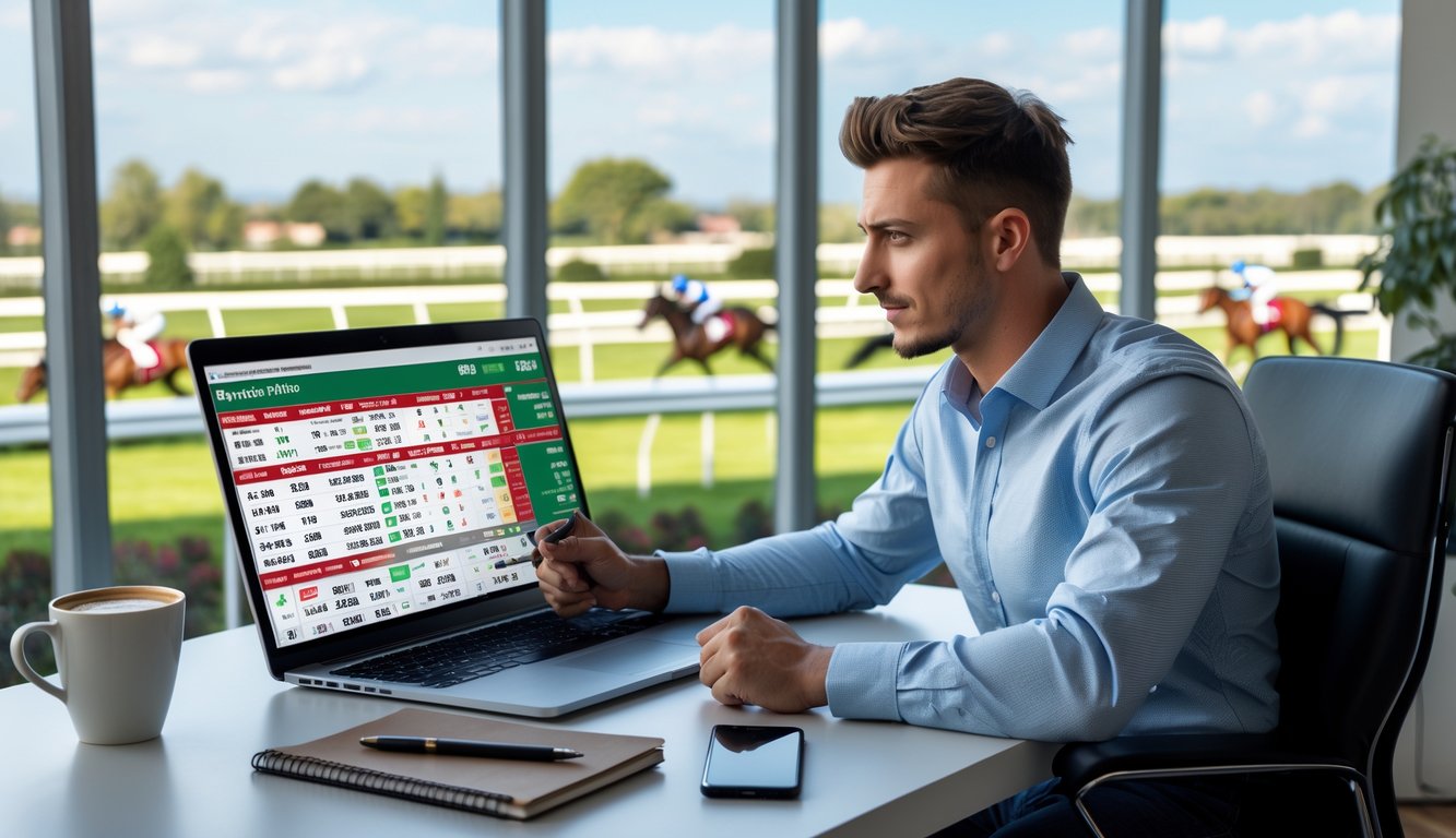 Seorang pria muda duduk di meja dengan laptop, melihat data balap kuda, di latar belakang tampak lintasan balap dengan kuda dan joki sedang berlomba.