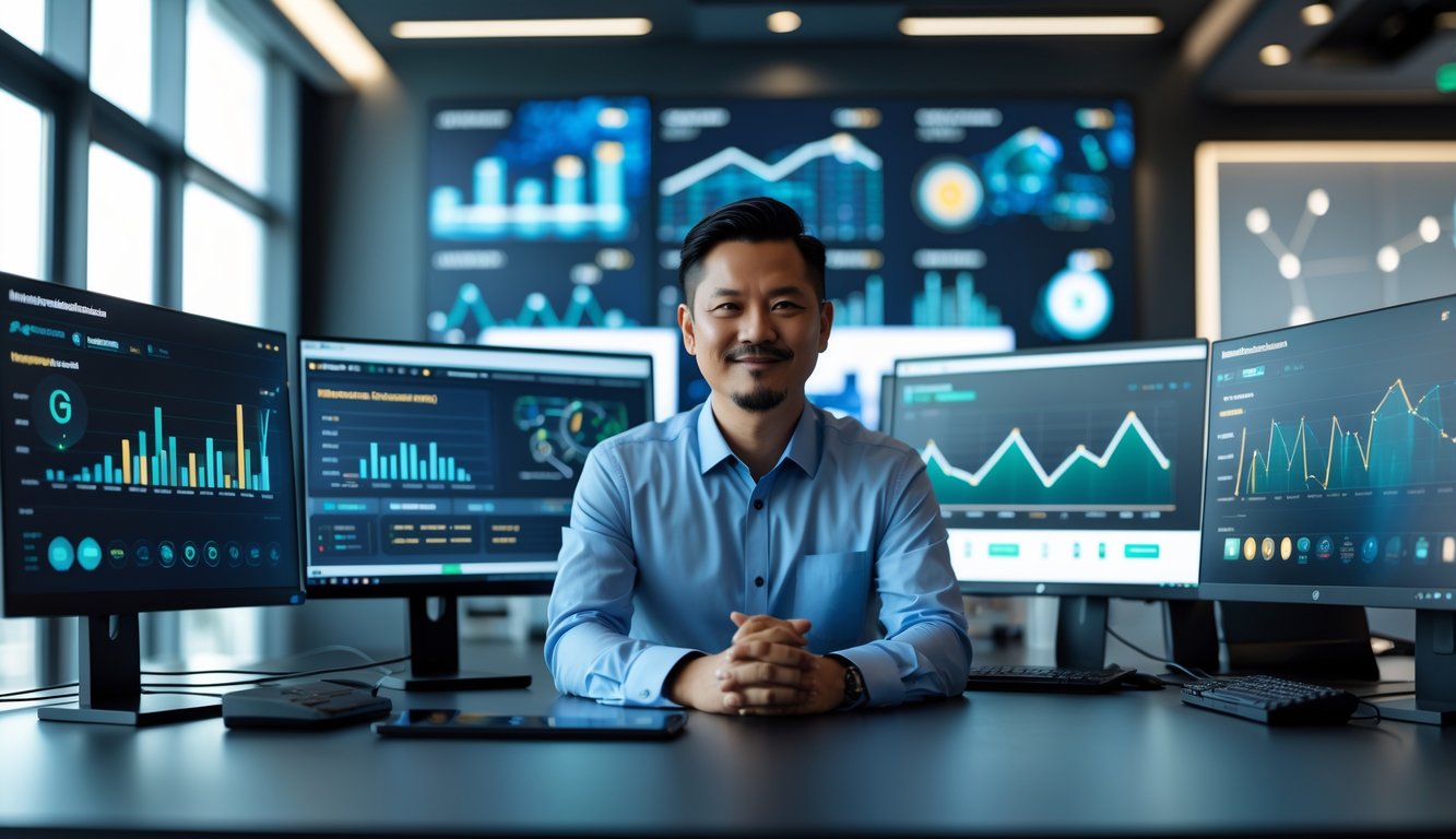 Seorang pria Indonesia duduk di meja kantor modern dengan layar komputer menampilkan grafik dan data terkait permainan online, menunjukkan suasana kerja yang profesional dan terpercaya.