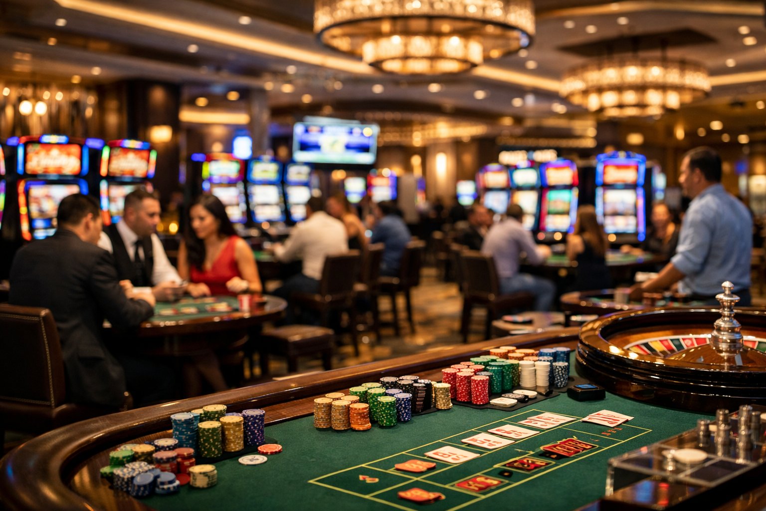 A Lively Casino Interior With Slot Machines, Gaming Tables, And Players Enjoying Their Games.