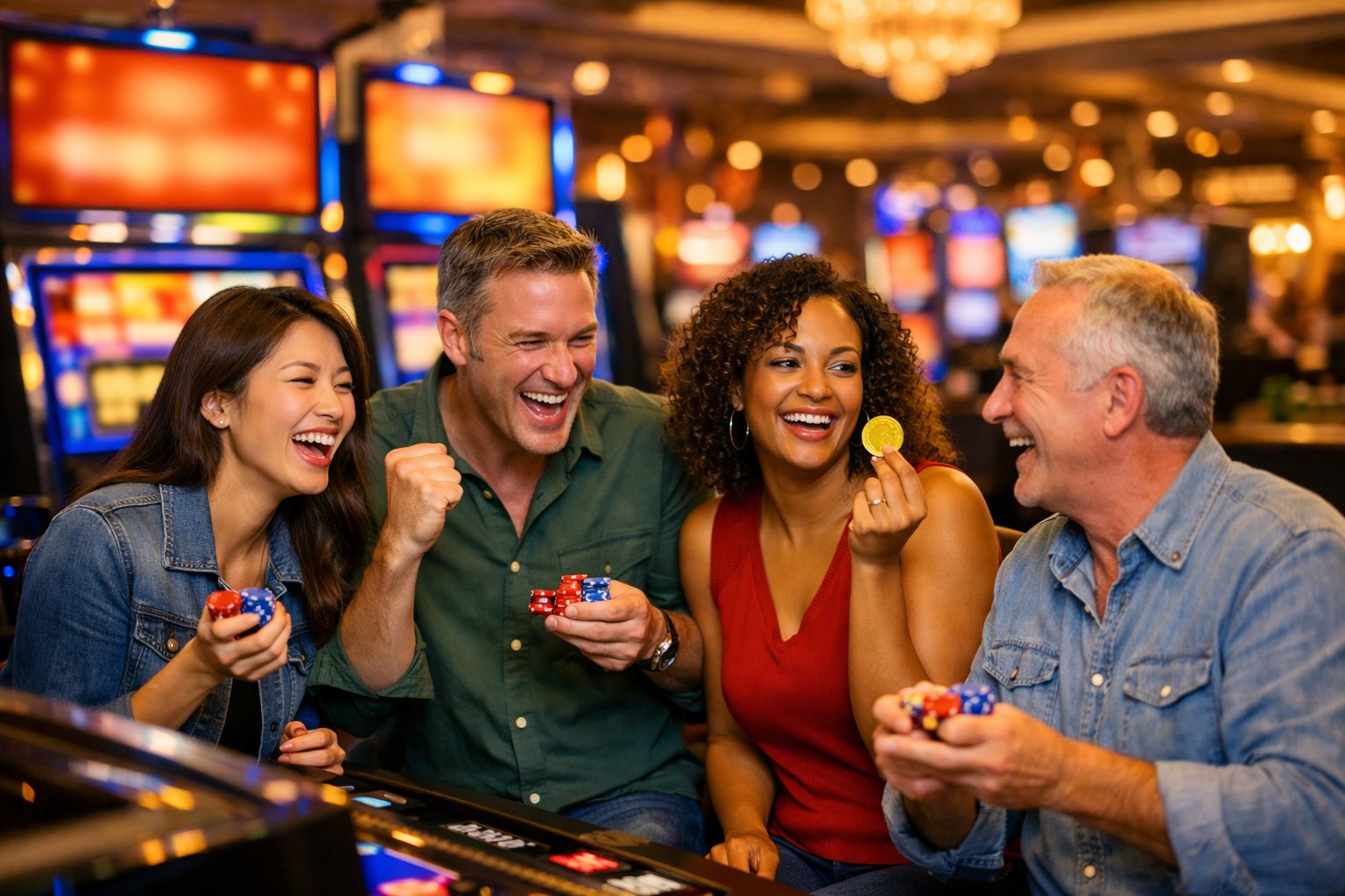 People Enjoying A Lively Casino Floor With Slot Machines And Bright Lights, Celebrating Wins And Interacting With Gaming Machines.