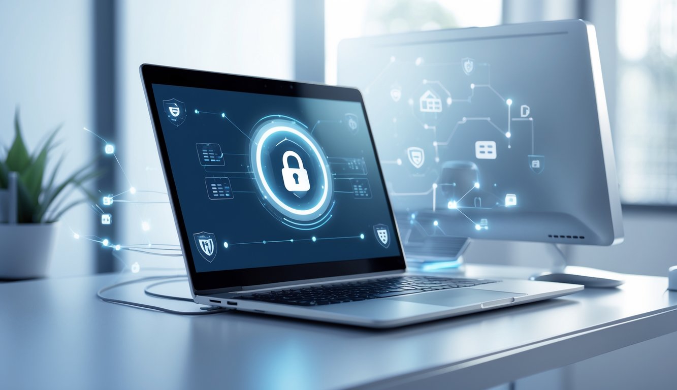 Sebuah laptop di atas meja dengan layar menampilkan antarmuka digital yang menggambarkan platform togel online yang aman dan terpercaya.