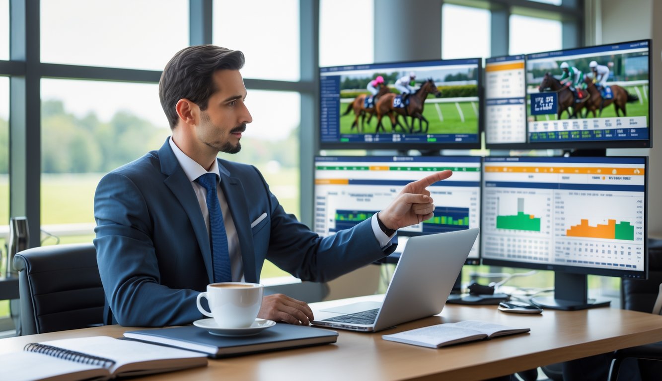 Seorang pria berpakaian rapi sedang menganalisis data balap kuda di depan beberapa layar digital di kantor modern.