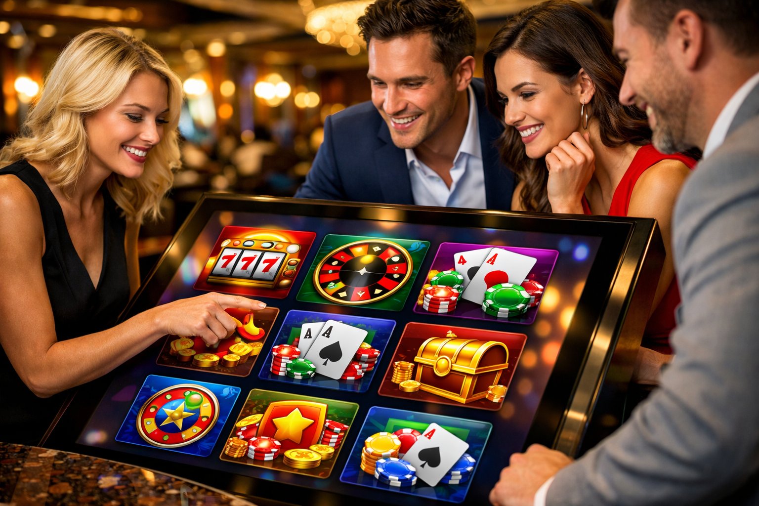 People Interacting With A Digital Casino Game Selection Screen Showing Various Colorful Game Icons In A Modern Casino Setting.