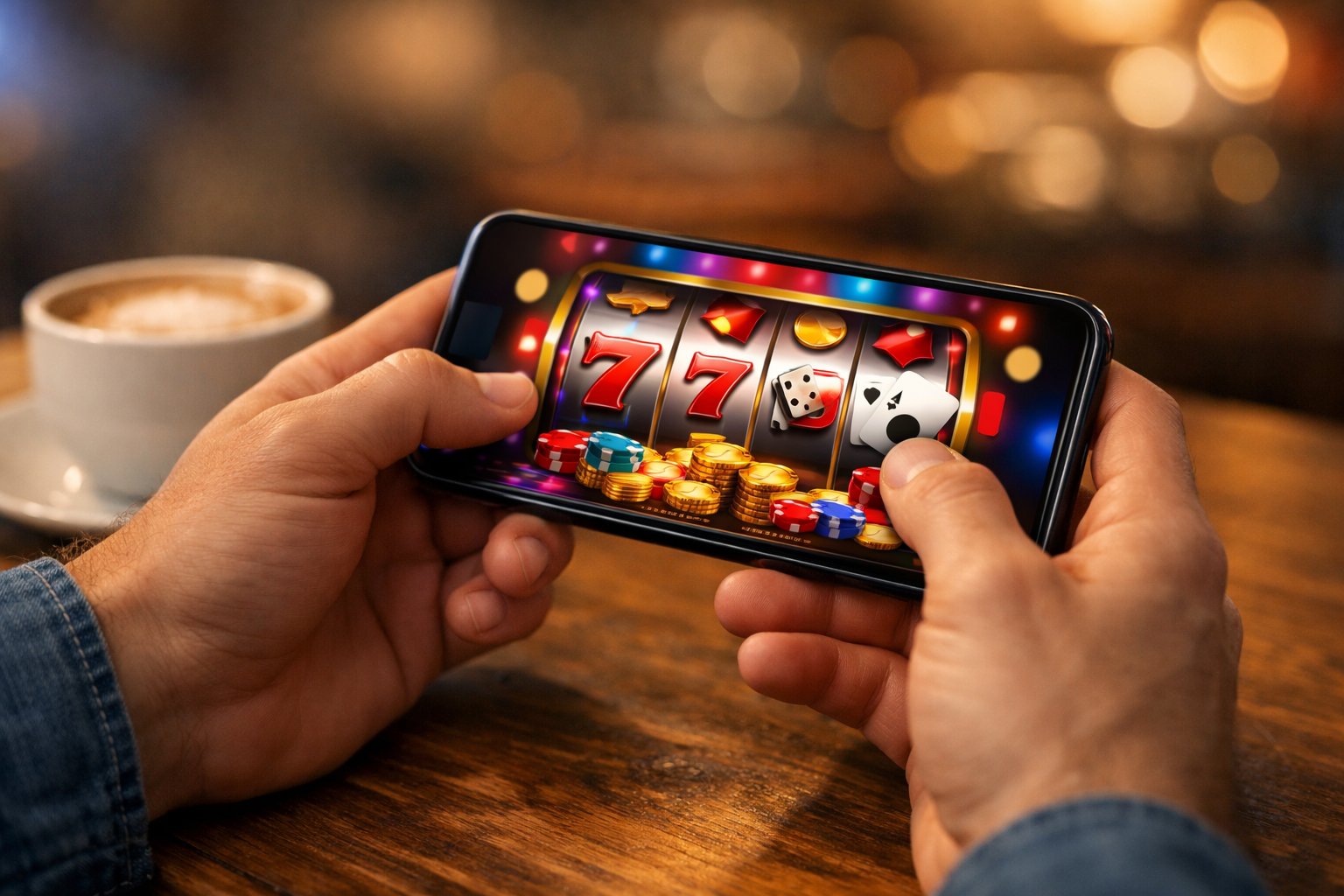 Person Holding A Smartphone Displaying A Colorful Casino Game, Sitting At A Table With A Drink Nearby.