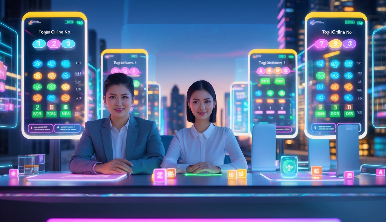 Dua orang muda duduk di depan layar digital dengan angka lotre dan ikon transaksi cepat, latar belakang kota futuristik dengan cahaya neon.