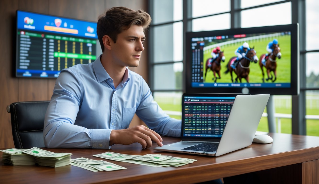 Seorang pria muda duduk di meja dengan laptop, menganalisis data balap kuda dan uang kecil di meja, dengan layar besar menampilkan balapan kuda di latar belakang.